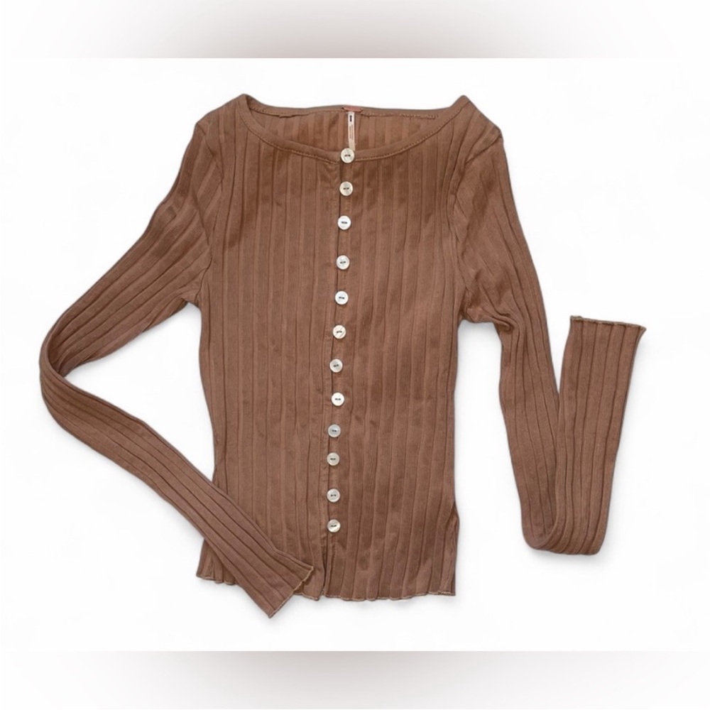 Free People Tilly Long-Sleeve Cardi Blouse Top Knit Ribbed Buttondown XS 281480 - Picture 12 of 16